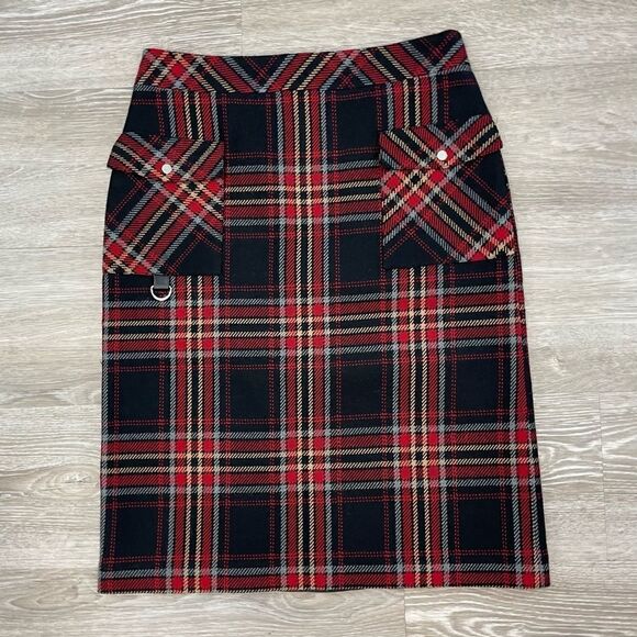 Korean Brand Wool Red an Black Plaid Slim Fit Pencil Skirt Two Patch Pockets M - Picture 1 of 9